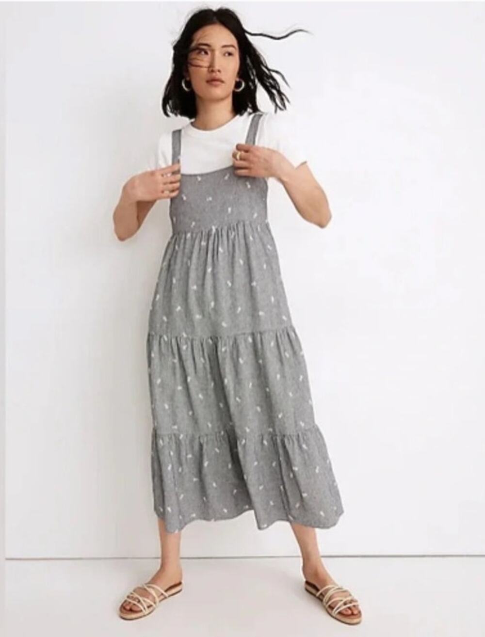NEW! Madewell Embroidered Tiered Midi Dress in GINGHAM CHECK (2X)